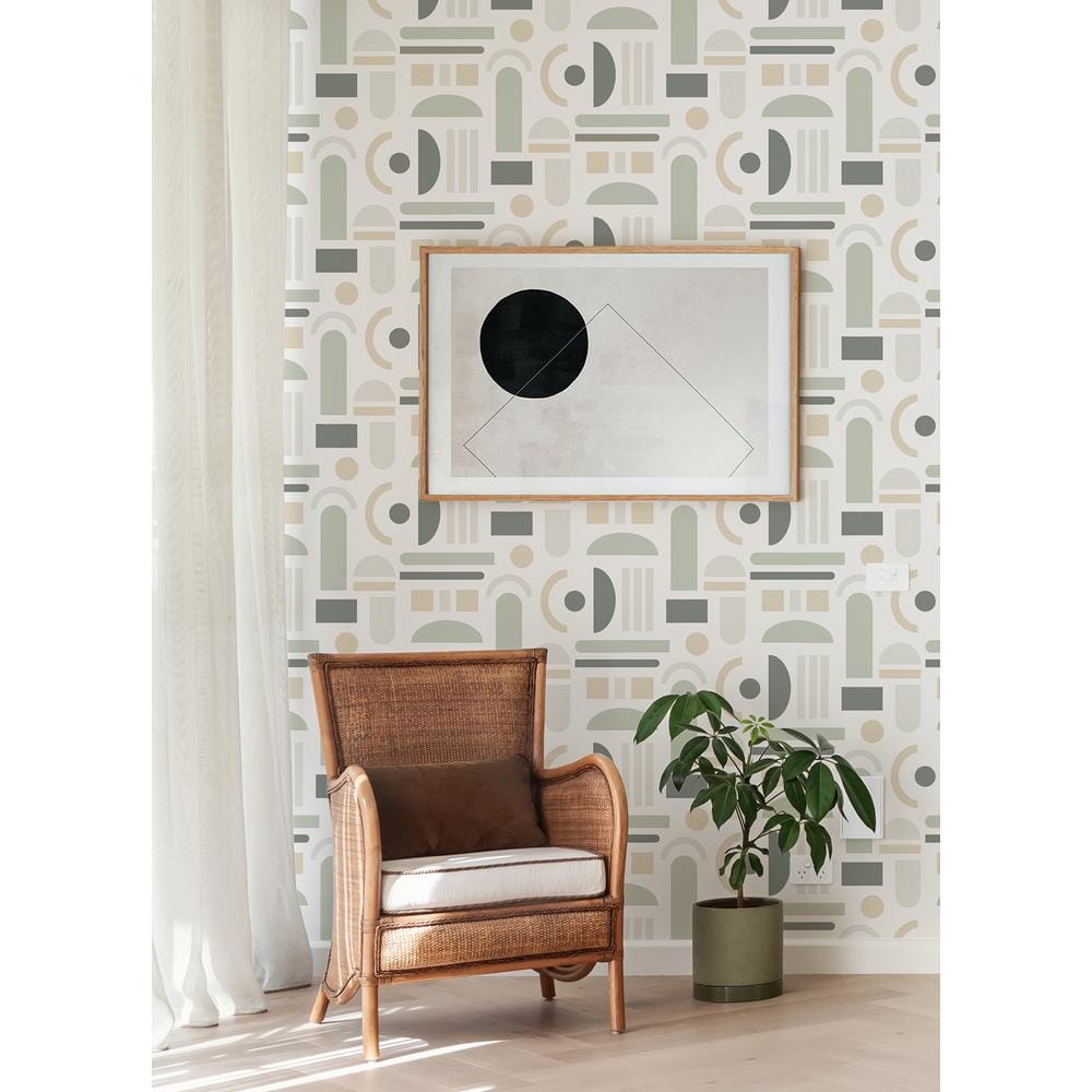 Self-Adhesive White and Green Geometric Peel and Stick Wallpaper
