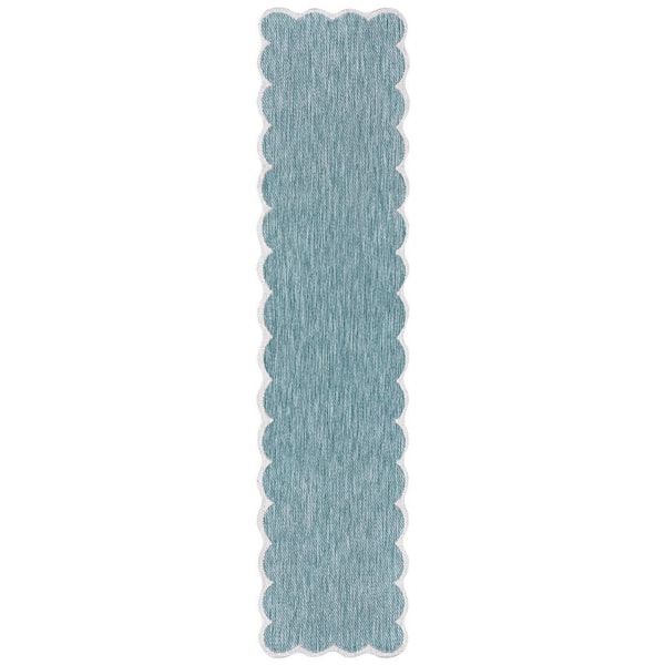 Alice Classic Cottage 2-Tone Scalloped Turquoise/Cream 2 ft. x 8 ft. Indoor/Outdoor Shaped Runner Rug