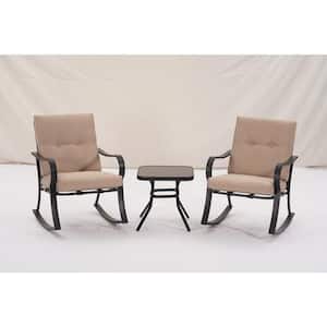 Black 3-Piece Patio Metal Outdoor Rocking Chair Set with Taupe Cushions