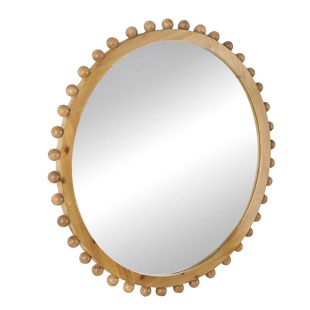 34 in. Round Natural Fir Wood Bathroom Vanity Mirror with Beaded Accents