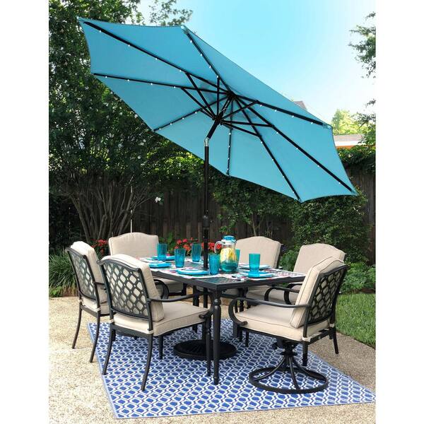 Sun-Ray 9 ft. Steel Market Solar Lighted 8-Rib Round Patio Umbrella in Aqua  841007 - The Home Depot