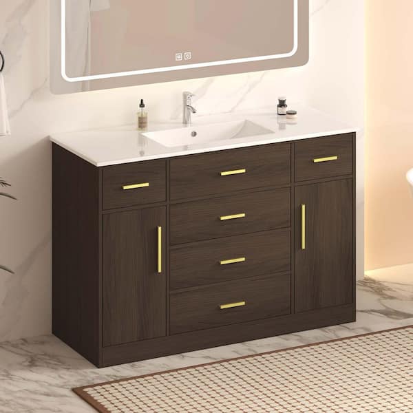 48 in. Single Sink Dark Brown Bath Vanity with White Resin Top, 2-Soft Close Doors and 6-Drawers (Self Assembly Needed)