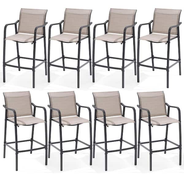 Patio Bar Height Metal Outdoor Bar Stool Chairs in Espresso with Arms and Footrest (8-Pack)
