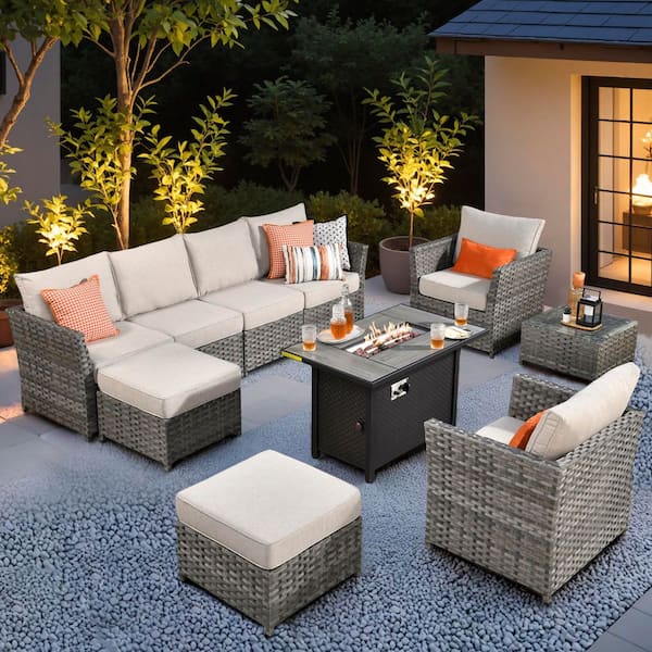 Toject Eufaula Gray 10-Piece Wicker Modern Outdoor Patio Conversation Sofa Set with a Steel Fire Pit and Beige Cushions