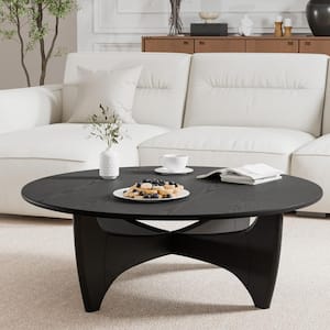 38 in. Black Color Round Solid Wood Oak Coffee Table