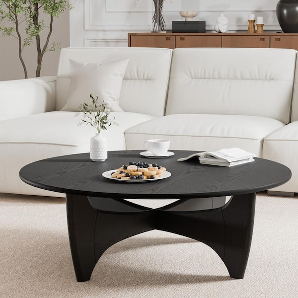 Dovelina 38 in. Black Color Round Solid Wood Oak Coffee Table