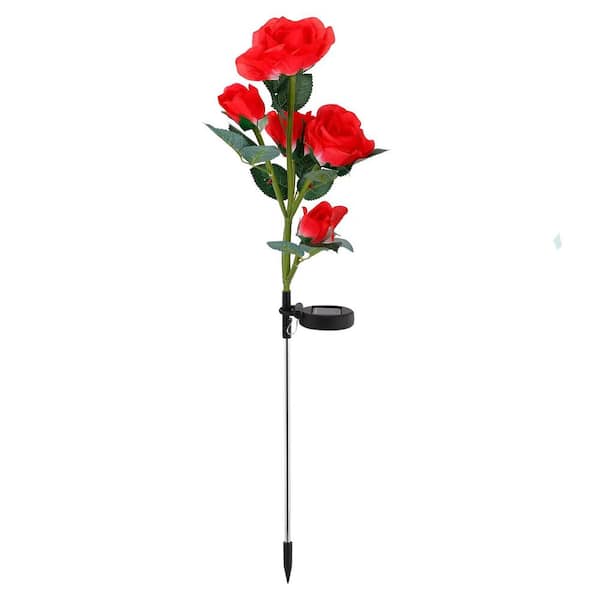 Red 2-Pieces Solar Powered Lights Outdoor Rose Flower LED Decorative Lamp Water Resistant Pathway Stake Lights
