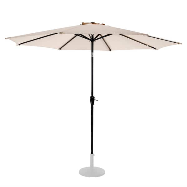 double vented patio umbrella with tilt in tan beige natural Nuu Garden 7.5 ft. Market Patio Umbrella in Beige with Push Button Tilt and Crank, Weather-resistant Fabric