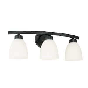 21 in. W x 8.5 in. H x 7.5 in. E 3-Light Soft White Glass Vanity Light in Matte Black