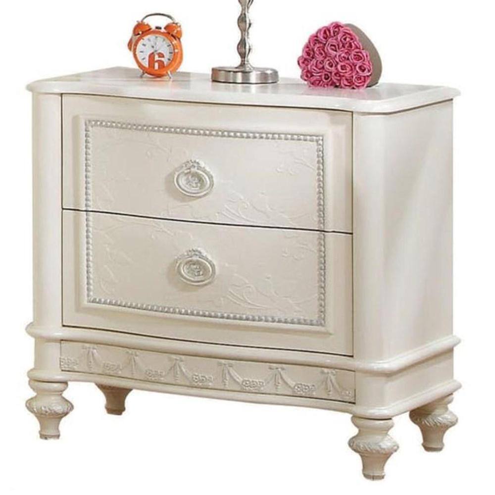 Ivory Pine Wood Nightstand with 2 Drawers and Floral Details