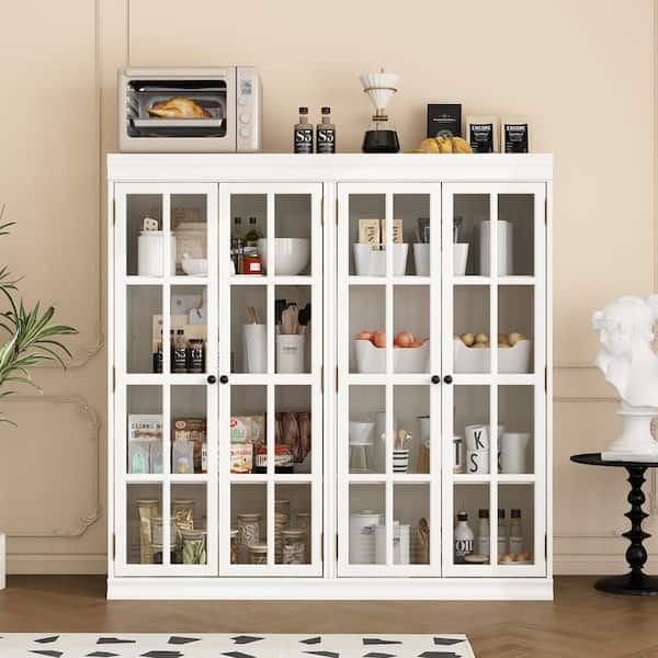 White Wood 47.4 in. Accent Cabinet Office Storage Cabinet Sideboard Cupboard 8 Shelves Glass Doors (1-Pack)