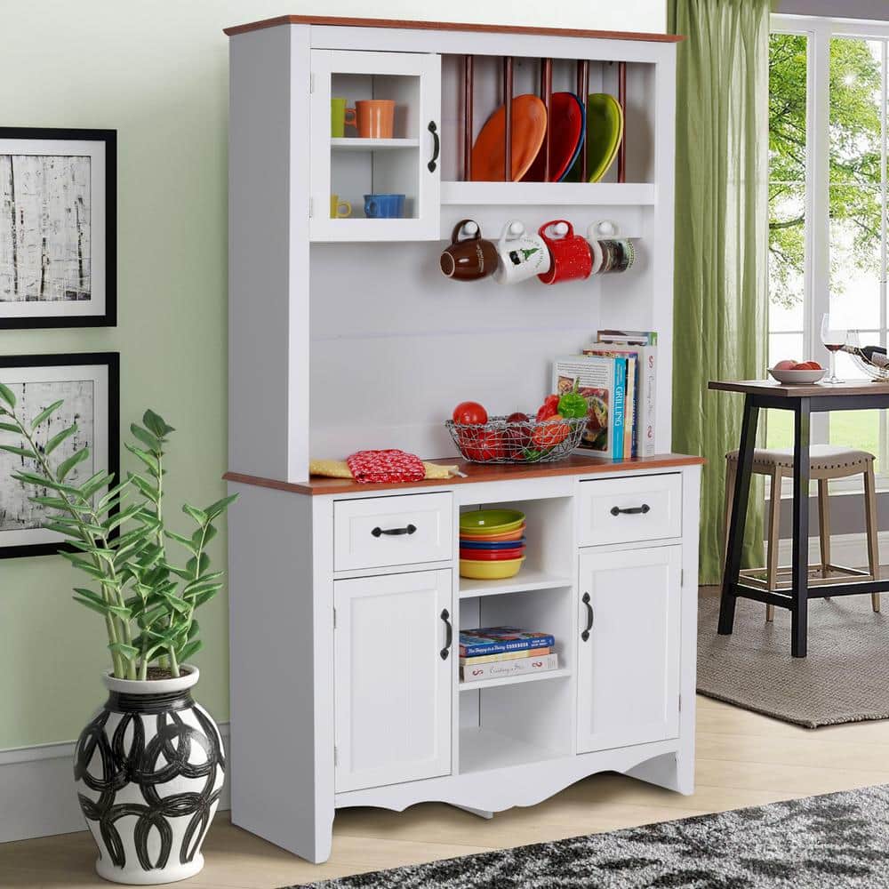 White and Pine Multi-Functional China Cabinet with Glass Doors
