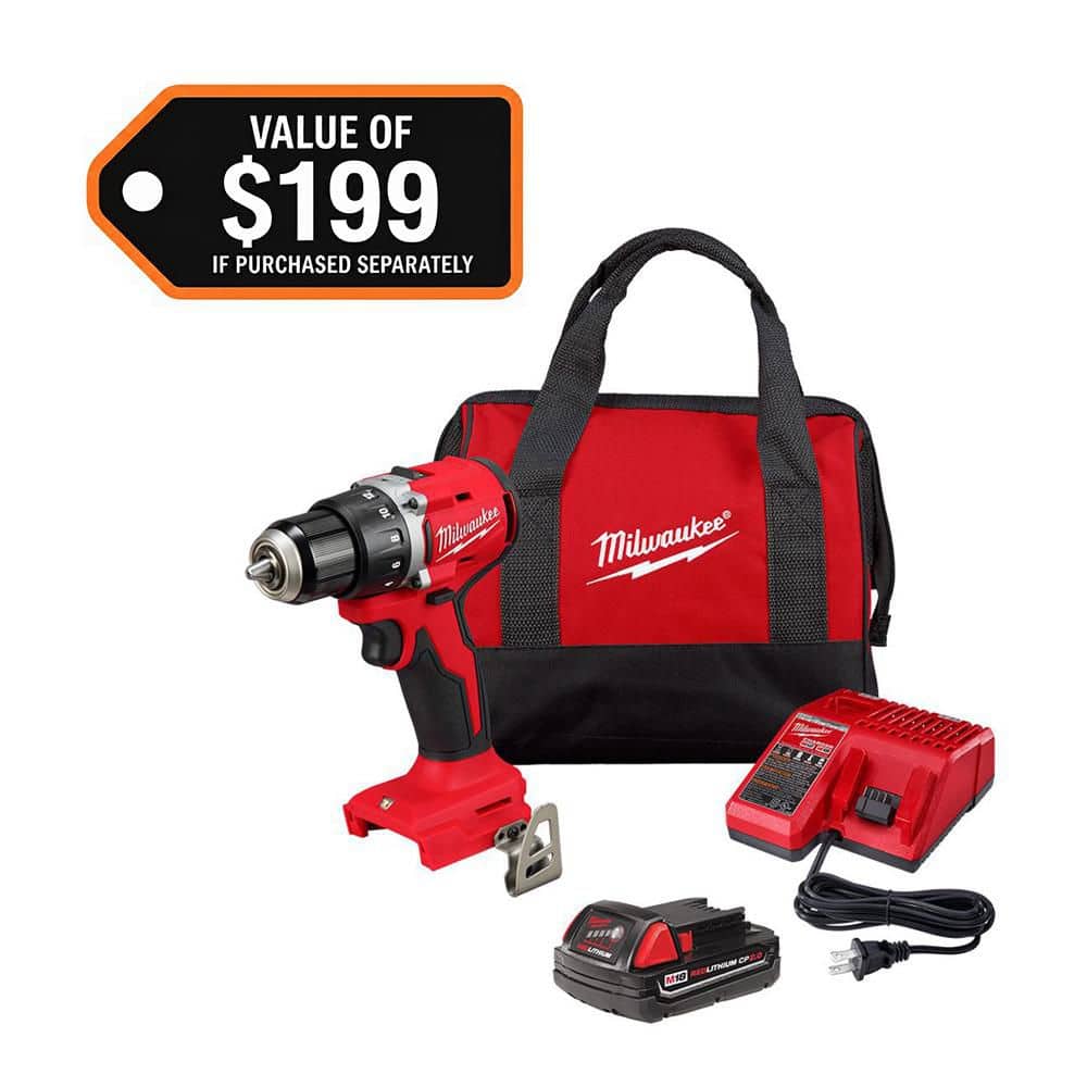 Milwaukee M18 18V Lithium-Ion Brushless Cordless 1/2 in. Compact Drill/Driver with One 2.0 Ah Battery, Charger and Tool Bag 3601-21P - The Home Depot