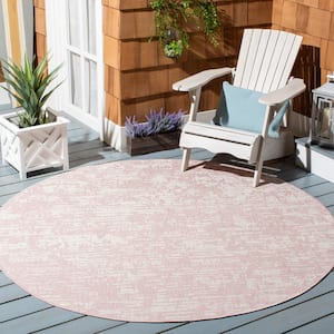 Courtyard Pink/Ivory 7 ft. x 7 ft. Distressed Abstract Indoor/Outdoor Patio  Round Area Rug