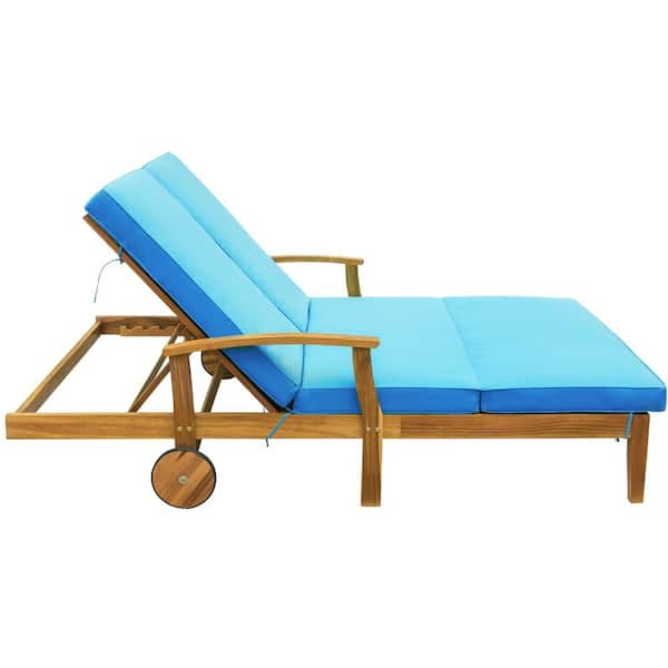 Natural Wood Outdoor Wood Chaise Lounge Chair for 2Persons Patio Backyard Daybed with Blue