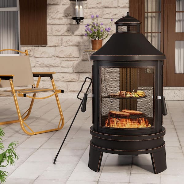 47 in. Metal Outdoor Heating Furnace 2 in. 1-Fire Pit with Adjustable Grill Tray, Mesh Spark Screen Door, 3-Door