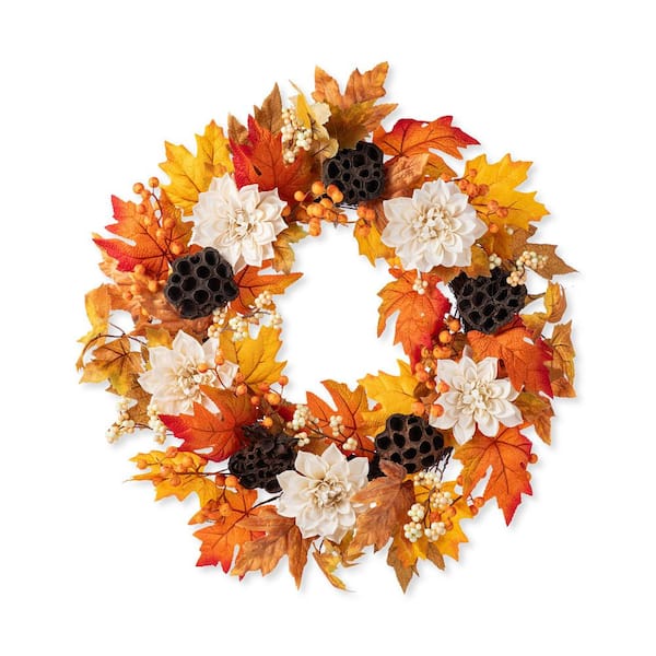24 in. D Unlit Fall Dahlia, Lotus Pod and Berry Wreath Includes a Complimentary Artificial Christmas Wreath Hanger