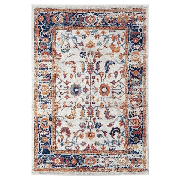 Alexandria 5 x 8 Ivory/Gold Bordered Pattern Area Rug for High Traffic Living Room Dining Room Bedroom