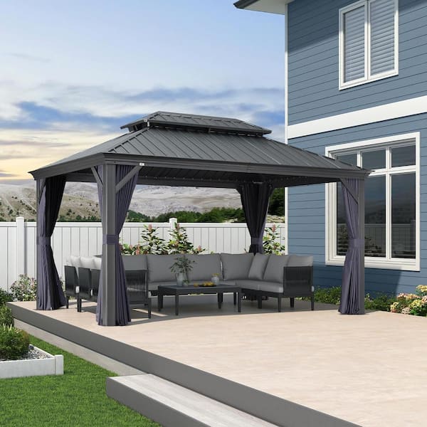 PURPLE LEAF 10 ft. x 14 ft. Gray Aluminum Power-Coated Frame Galvanized Steel Double Roof Hardtop Gazebo,Hooks,Blue Curtain