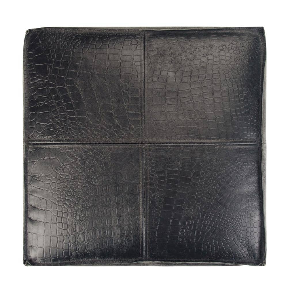 Bohemian Black Genuine Leather Square Pouf Ottoman