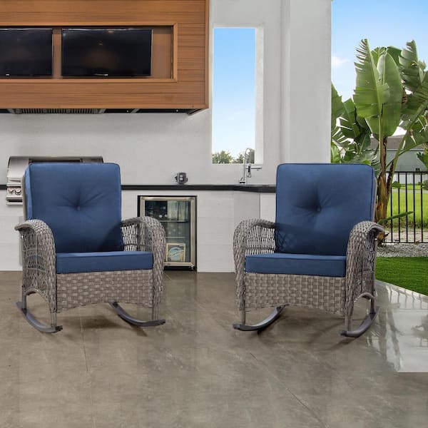 JOYSIDE Wicker Outdoor Rocking Chair Patio with Blue Cushion (2-Pack)