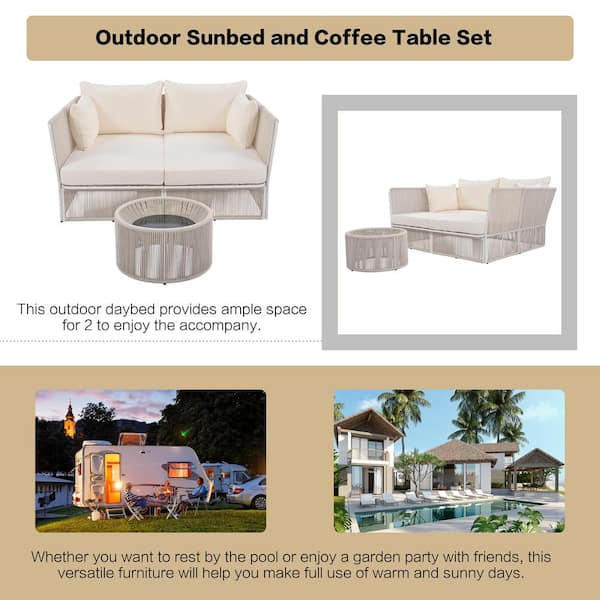 Patio Furniture Set Sling Outdoor Day Bed with Beige Cushion