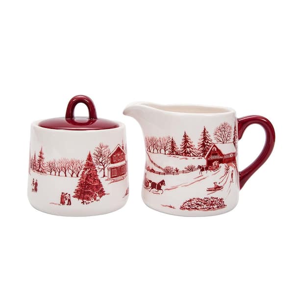 11 fl. oz. White Winter Wonderland Ceramic Sugar Bowl and Creamer Set (Set of 2), Sugar Bowl with Lid, Cute Container