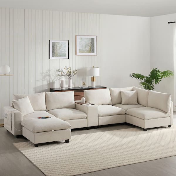 Luxury Collection 140 in. Square Arm 6-Piece U-Shaped Chenille Sectional Sofa in. Beige with Console and Storage