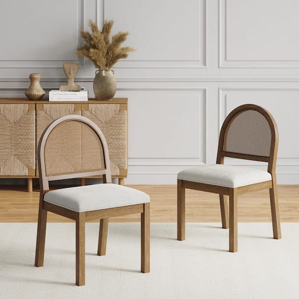Bailey 19 in. Light Brown Natural Woven Rattan Back and Solid Wood, Legs Dining Chair with Padded Seat, Set of 2