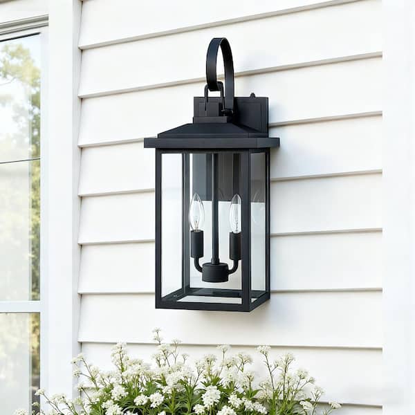 19.75 in. 2-Light Black Dusk to Dawn Outdoor Wall Lantern Sconce with Clear Glass Shade