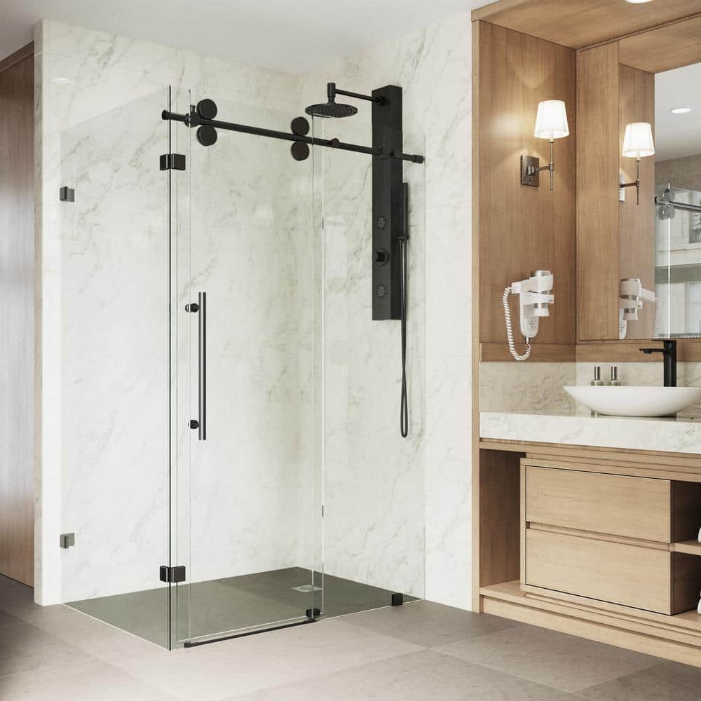 Winslow 46" Matte Black Frameless Sliding Shower Enclosure with Clear Glass