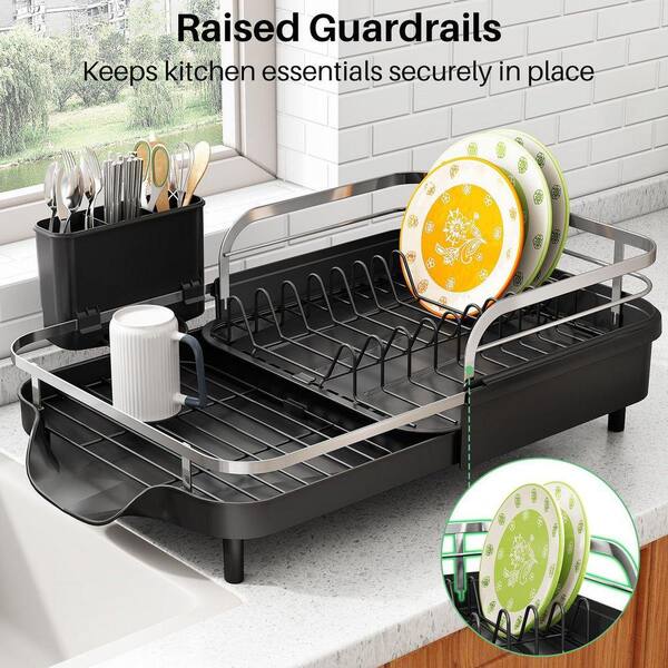 Black Expandable Kitchen Counter Dish Rack with Utensil Holder