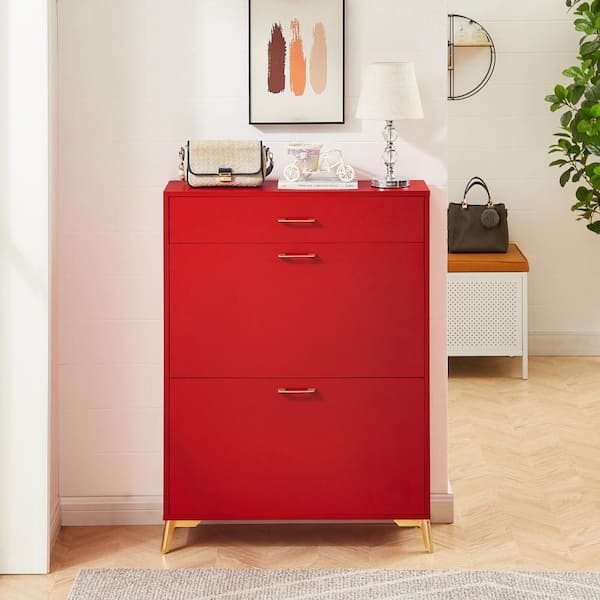 43 in. H x 32 in. W Red Shoe Storage Cabinet, Freestanding Shoe Rack with 2-Flip Drawers and Metal Legs, Hallway/Closet