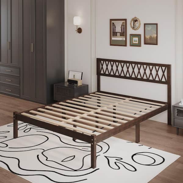Brown Walnut Solid Wood Oak Flatbed Frame Queen Size Panel Bed with Grid Patterned Headboard