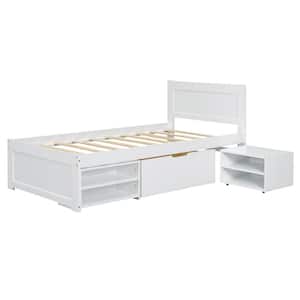 White Wood Frame Twin Size Platform Bed with Drawer and 2 Shelves