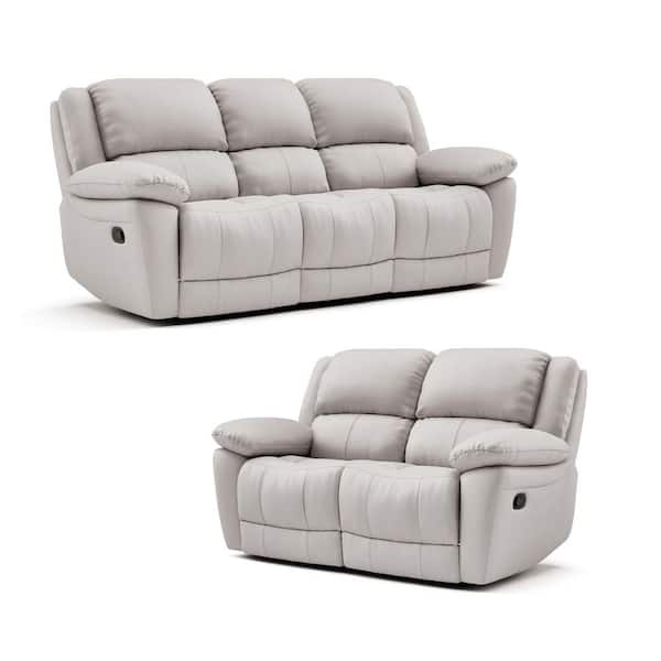 Loure 2-Piece Off White Leather Match Reclining Living Room Set with Pillow Top Arms and Adjustable Headrest