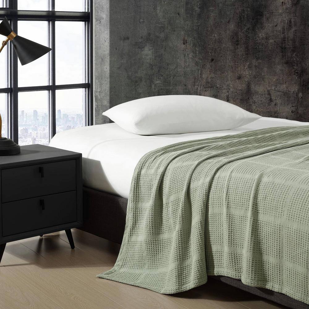 Twin Sage Green Cotton Waffle Weave Blanket