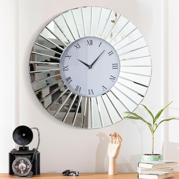 THKSHOUZ Sunburst Silver Analog Roman Numeral Mirror Frame Decorative Wall Clock