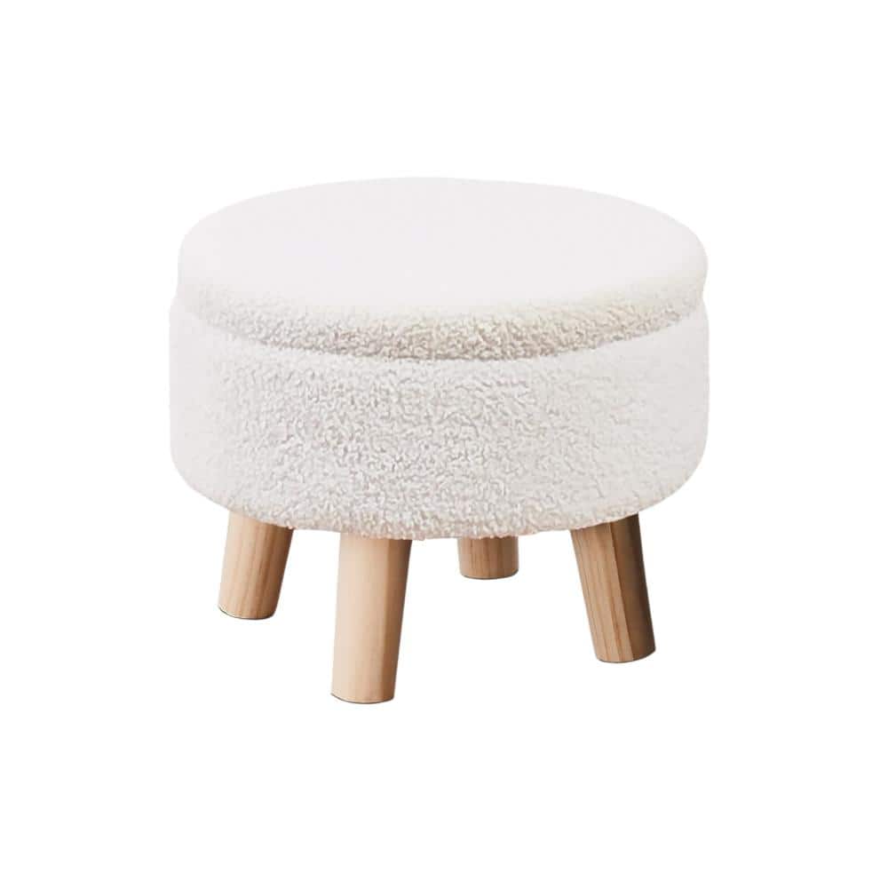 13"D x 13"W x 11"H White Storage Ottoman, Round Footrest with Soft Padded Seat, Teddy Velvet Footstool with Wood Legs