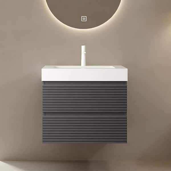 24 in. Single Sink Floating Gray Plywood Bath Vanity with White Acrylic Top and Drawers