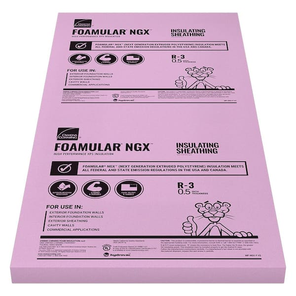 Owens Corning FOAMULAR NGX Insulating Sheathing 0.5 in. x 4 ft. x 8 ft. SE R-3 XPS Rigid Foam Board Insulation