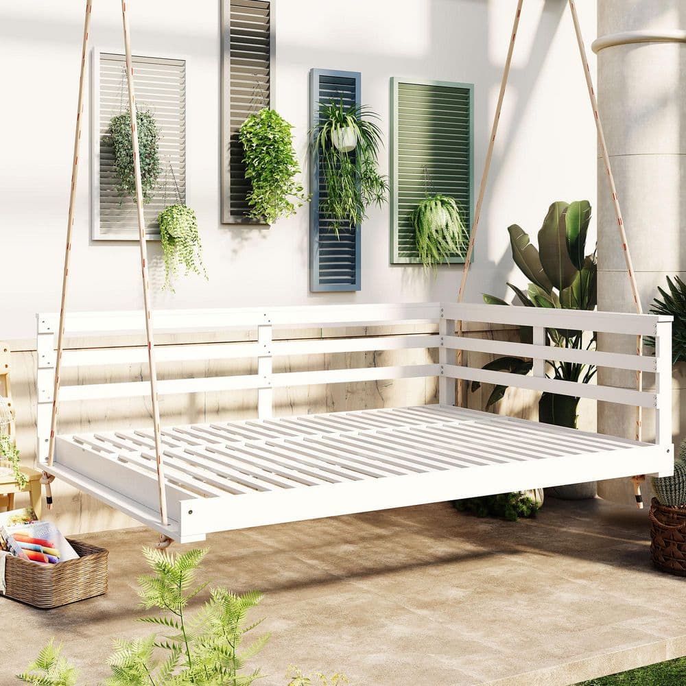 80 in. x 55 in. 2-Person White Acacia Wood Porch Swing with Hemp Ropes, Sin