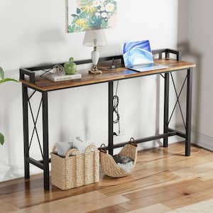 Narrow Charging Station 55.1 in. Brown Rectangle Wood Console Table with Outlet and USB Ports, Entryway Table Side Table