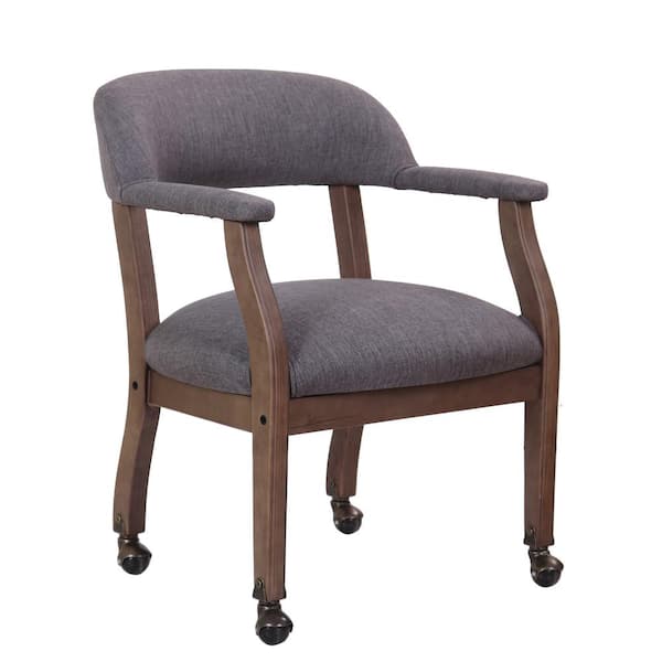 BOSS Office Products Gray Fabric Traditional Rolling Captains Chair with Driftwood Finish, Brass Hooded Casters