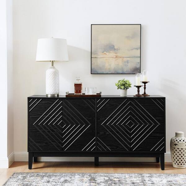 Farmhouse Antique Black Wood 60.5 in. Sideboard with Geometric Pattern and Adjustable Shelves