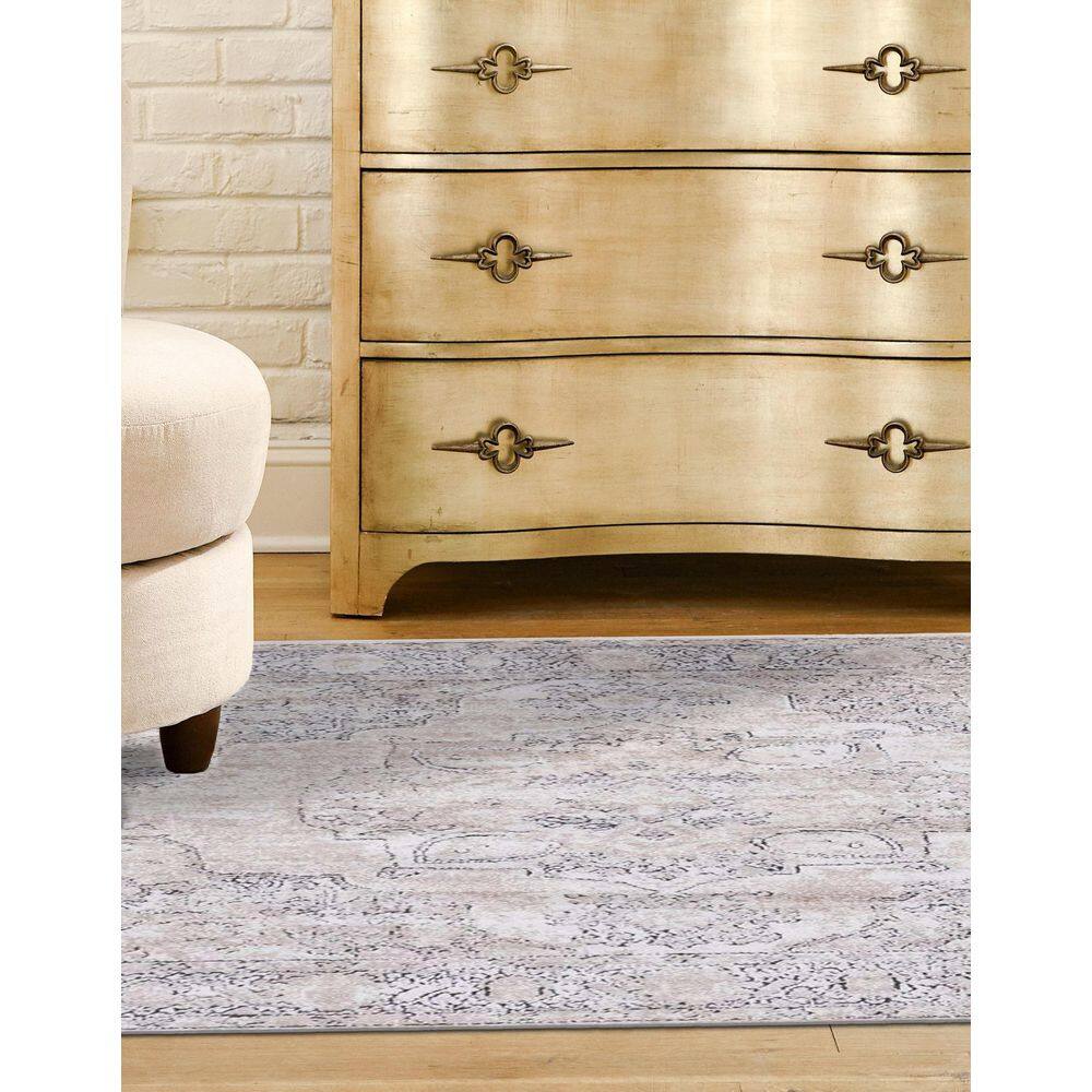Modern Elegance Ivory & Gray Square Synthetic Area Rug, 4' x 4'