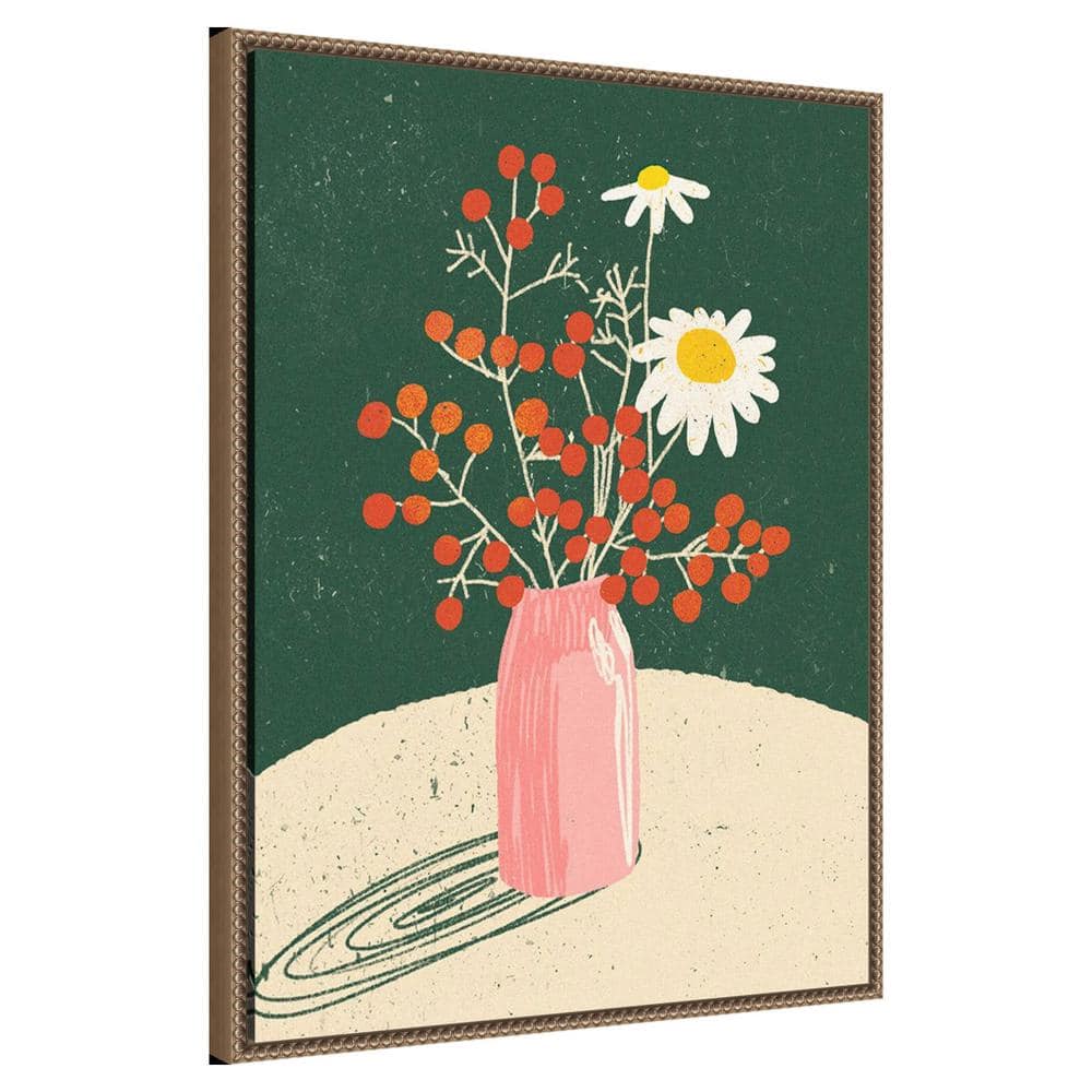 Beaded Bronze Framed Botanical Canvas Print with Pink Vase