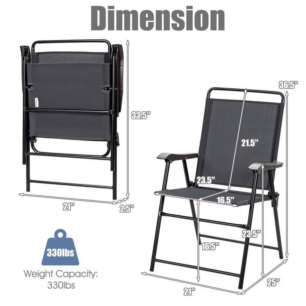 Gray Steel Folding Patio Chairs with Armrests, Set of 4
