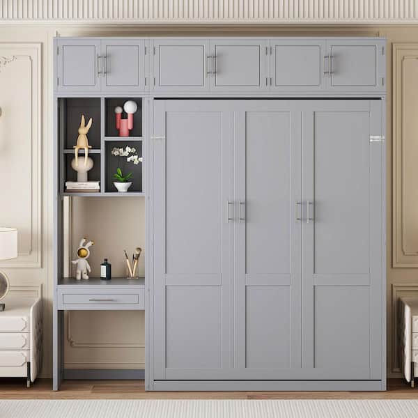 Gray Wood Frame Queen Size Murphy Bed with Desk, Top Cabinet and Storage Shelves