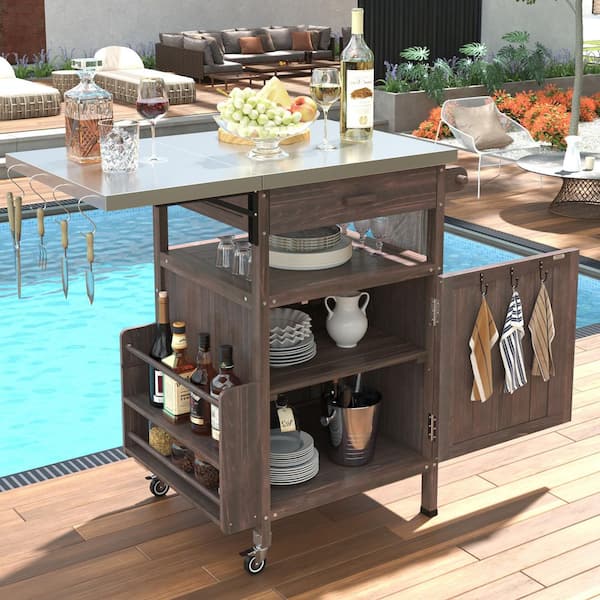 Brown Stainless Steel Top Kitchen Cart with Drop Leaf, Lockable Wheels, 100% Fir Wood Grill Cart, Outdoor Available